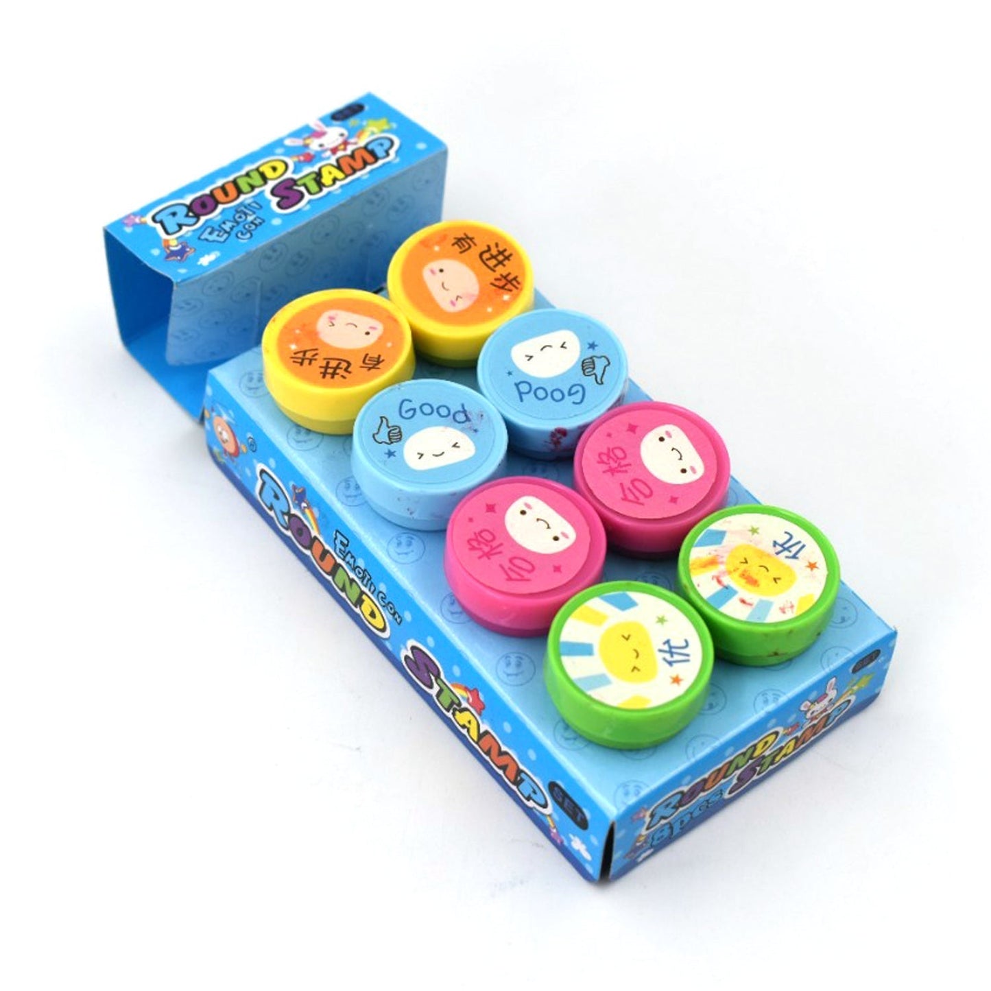 Emoticon stamps set for kids, 8 round-shaped stamps