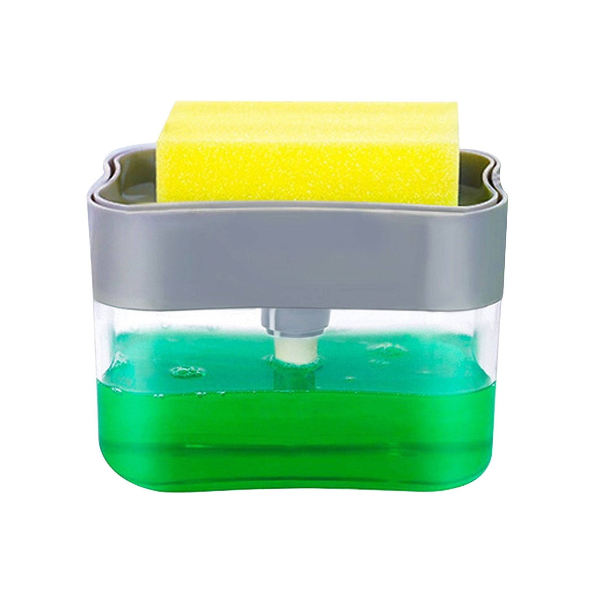 Modern soap dispenser with sponge storage feature.