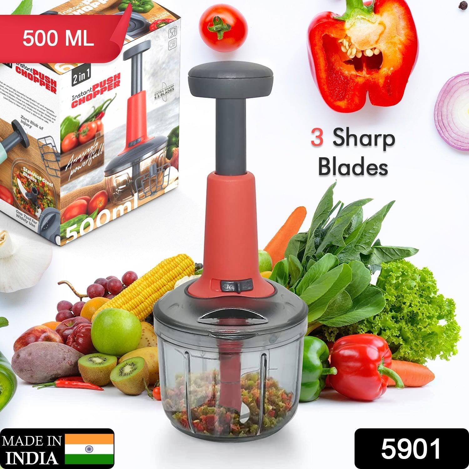 Mini hand press chopper, matte finish, with 3 blades