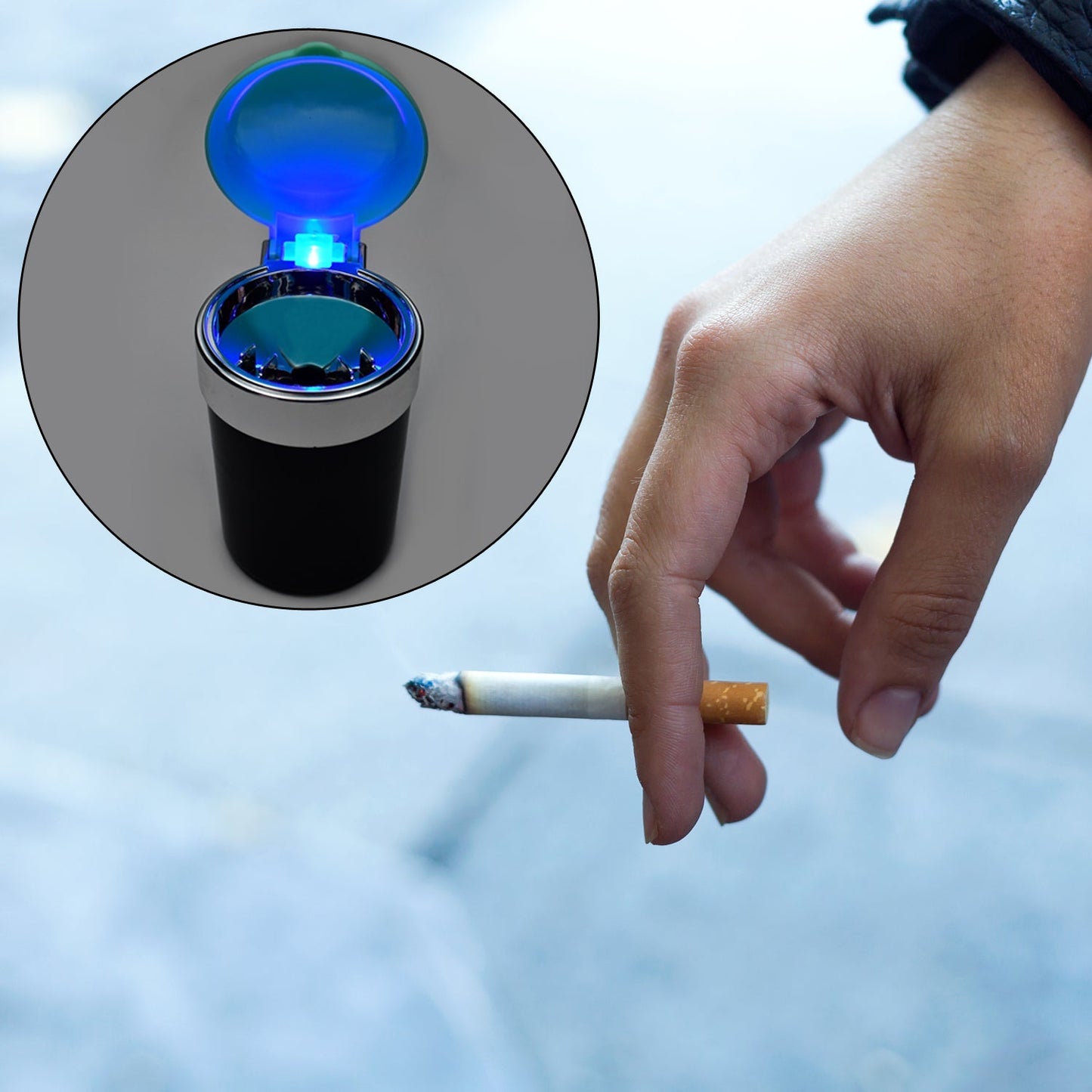 Car ashtray with LED light indicator and smokeless feature