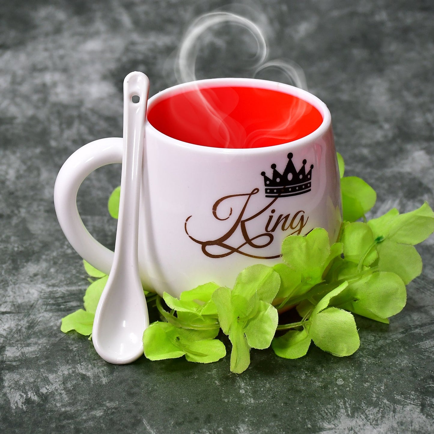 Multi-design tea mug with spoon, ceramic, microwave safe