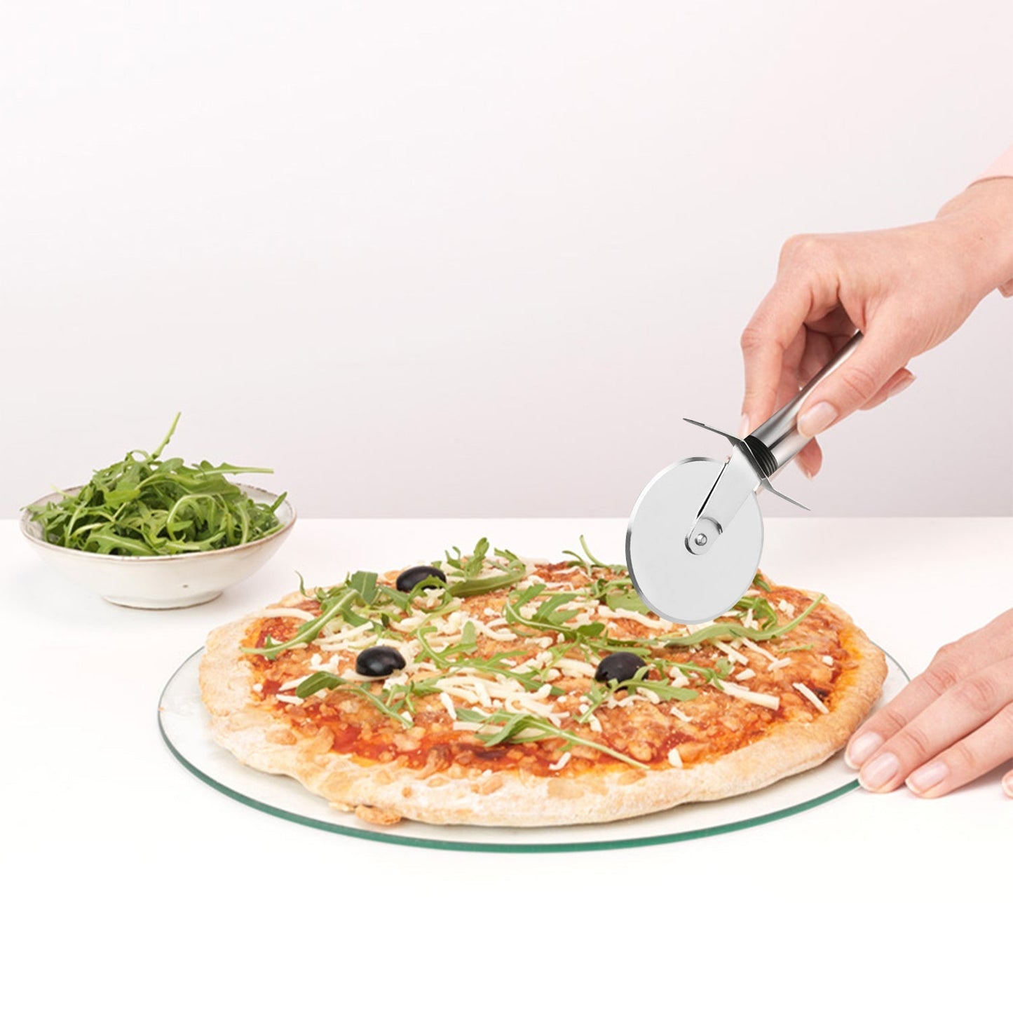 Sharp pizza cutter for easy slicing.