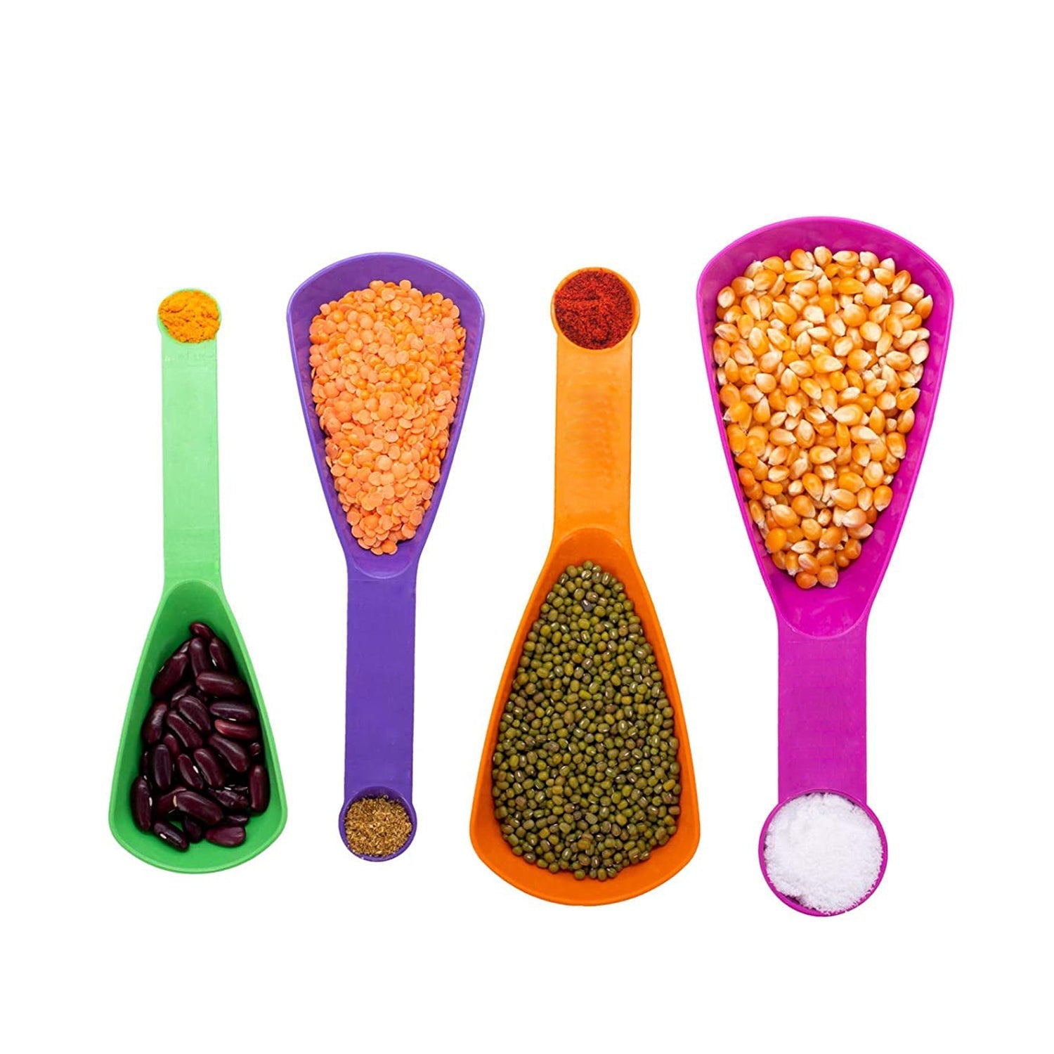 Set of 4 plastic measuring cups and spoons, double side.