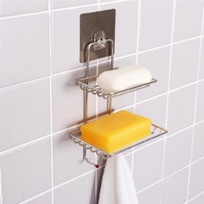 Storage rack with hooks for soaps and sponges