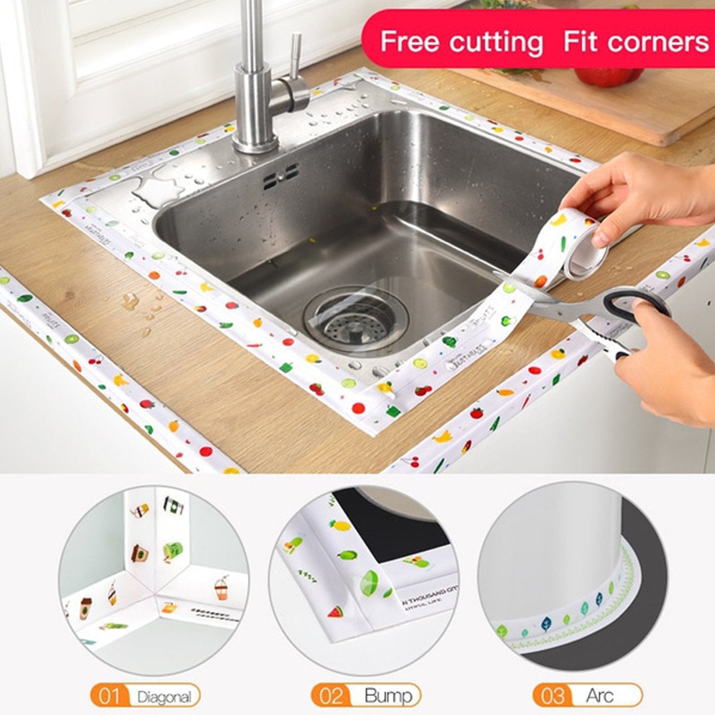 Bathroom corner tape applied to a sink, illustrating its protective and decorative features