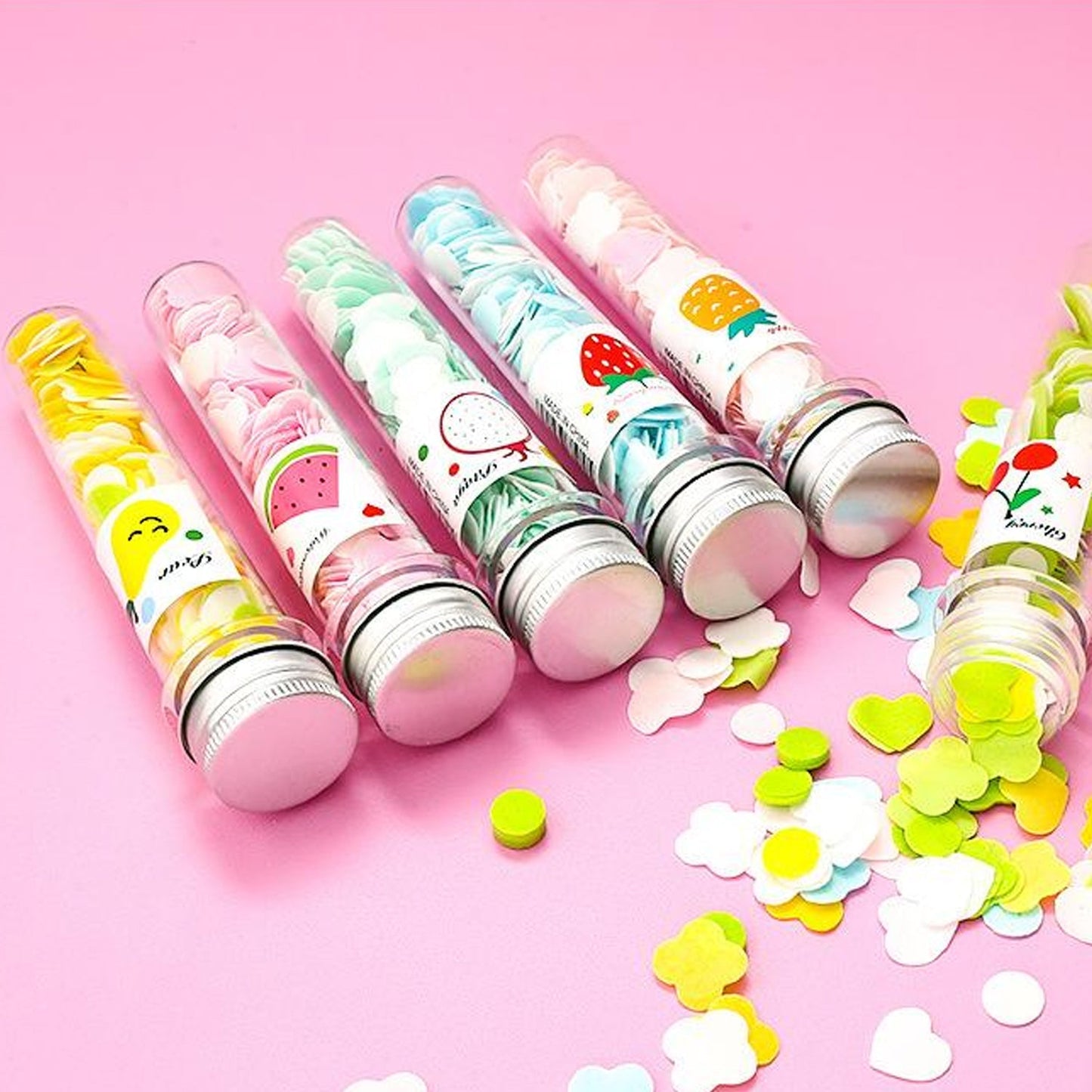 Test tube with flower-shaped paper soap strips for easy hand washing