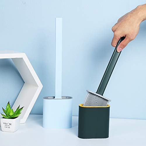 Durable silicone brush with stand for bathroom hygiene.