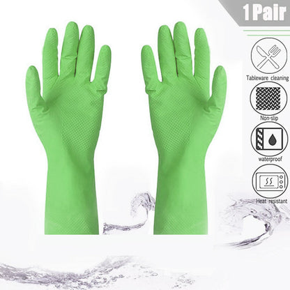 Household cleaning gloves made of rubber, green color.