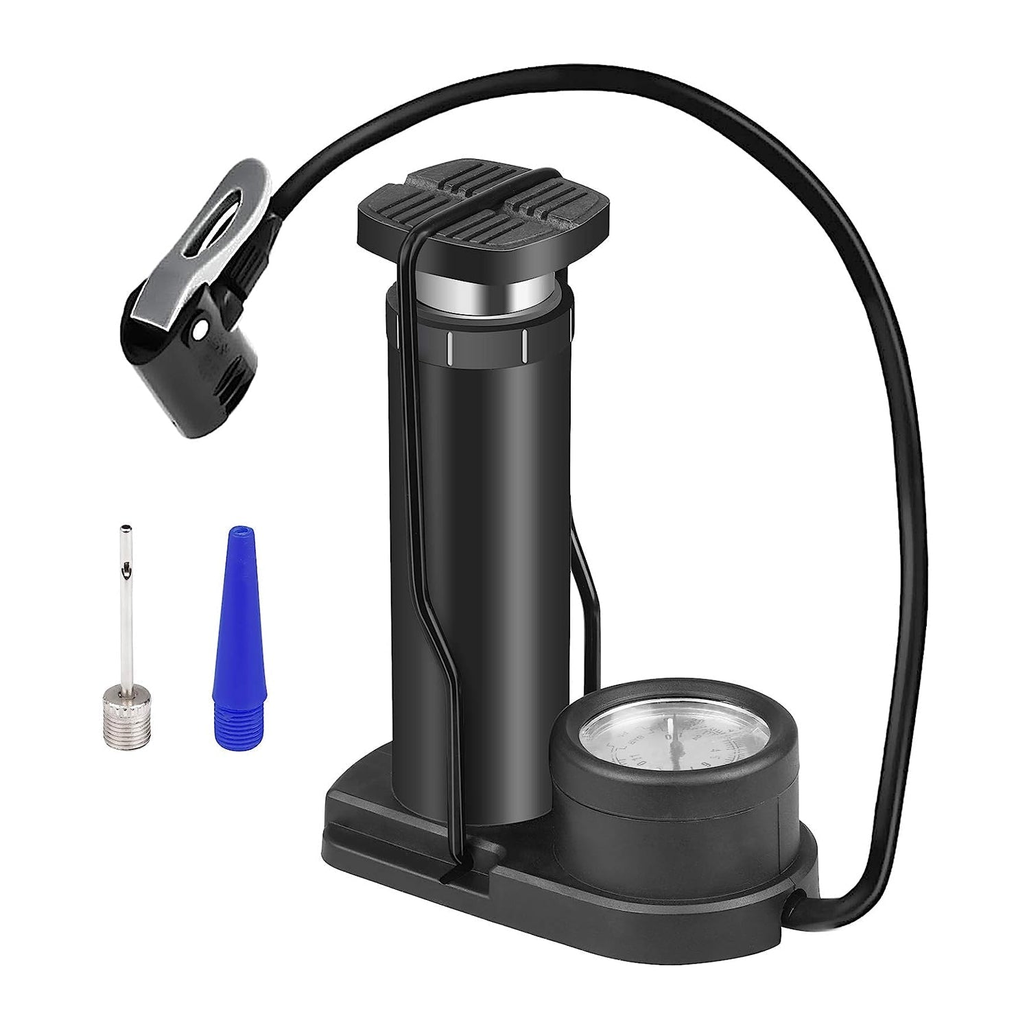 High-pressure foot pump with gauge, portable, for bicycles, cars, and footballs.