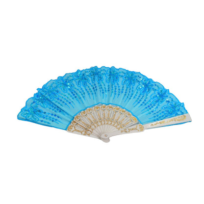 Chinese vintage-style folding fan with traditional art, perfect for cooling or display. Comes with a fabric sleeve.