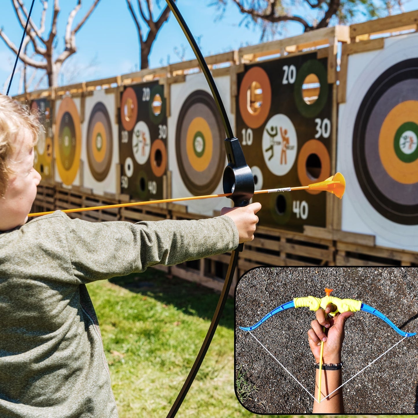 Archery set with bow, arrows, and target board