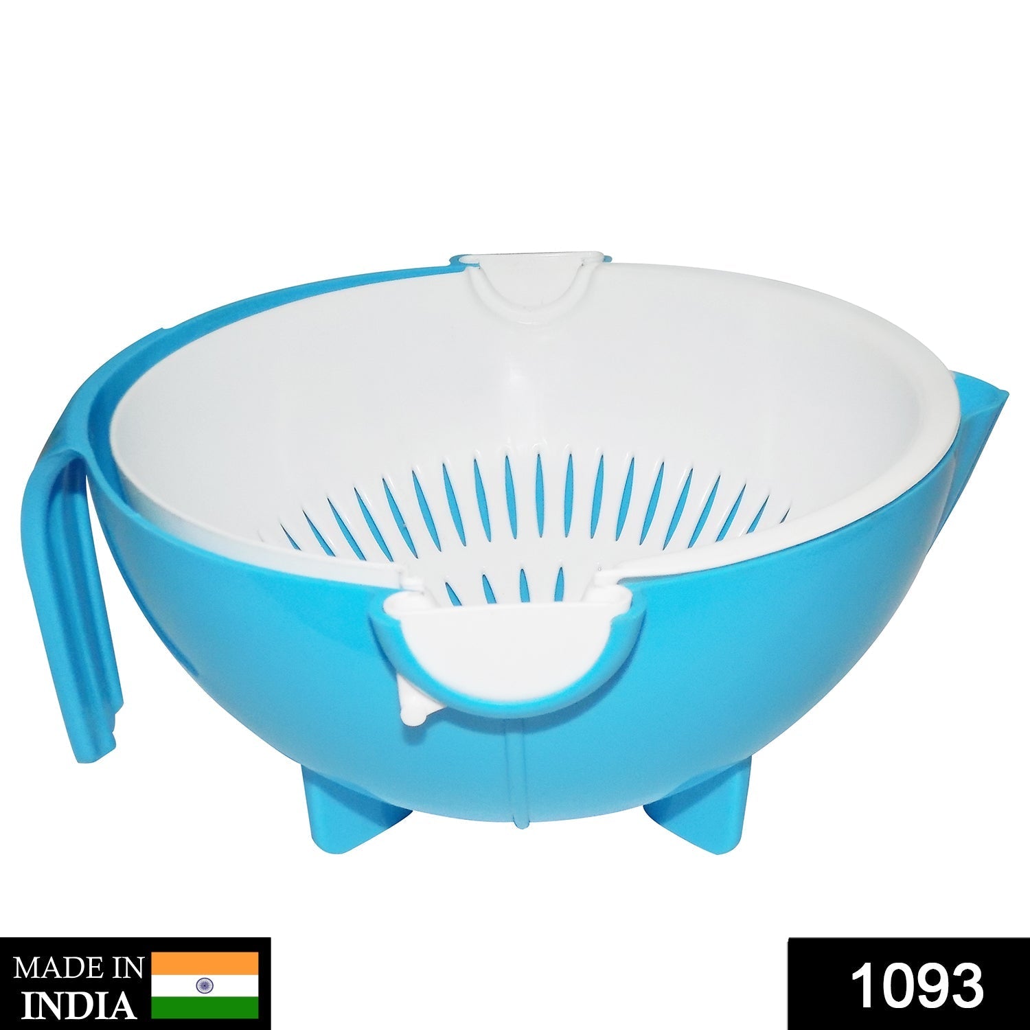 Bowl with integrated strainer for washing produce, featuring a handle.