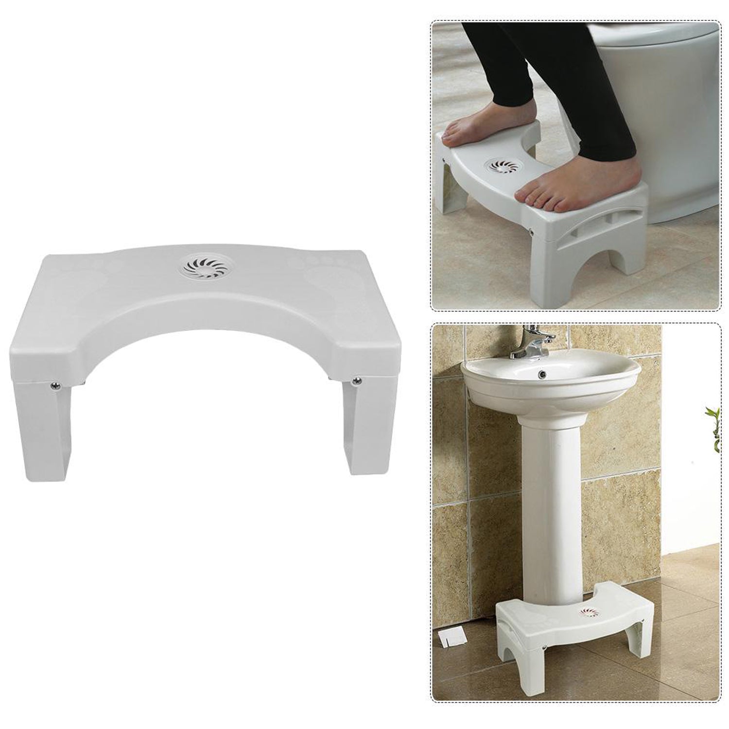 White plastic folding toilet squat stool with non-slip design.