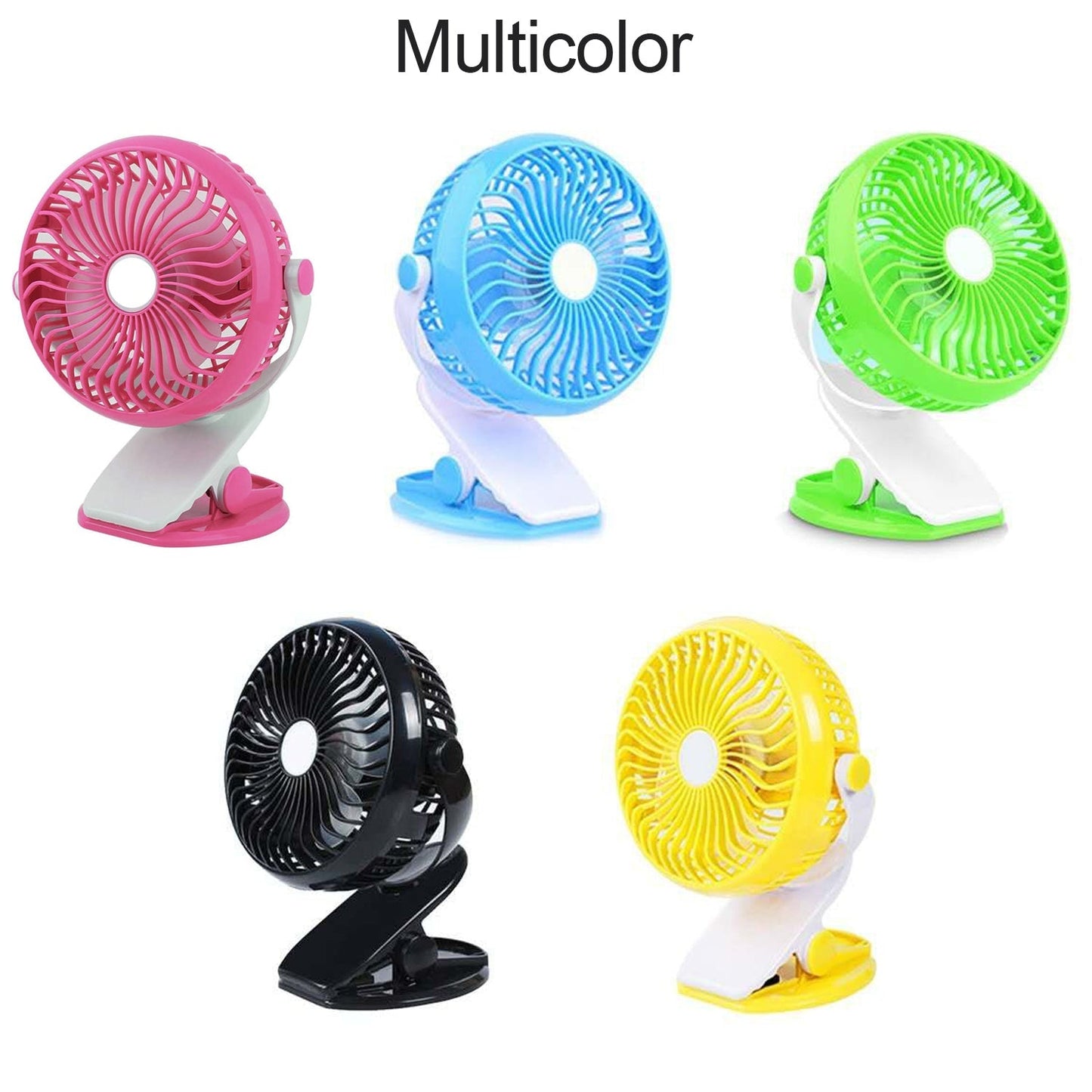 Mini USB clip fan shown with various settings for adjustable cooling