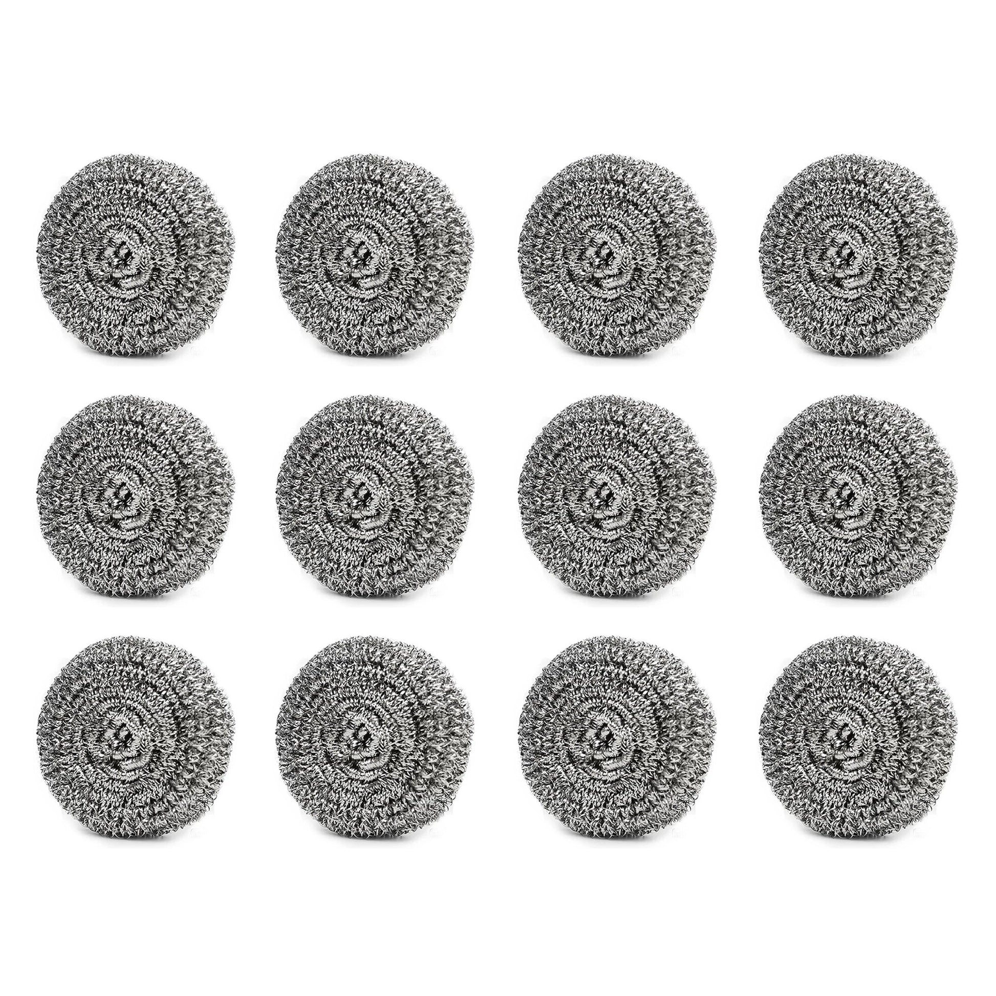 Round shape stainless steel scrubber, pack of 12, effective for cleaning.