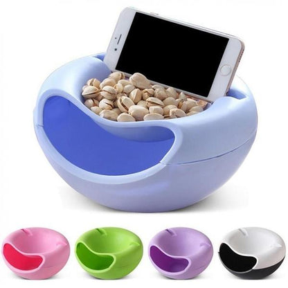 Stylish serving bowl with a phone holder, perfect for snacks and entertainment.