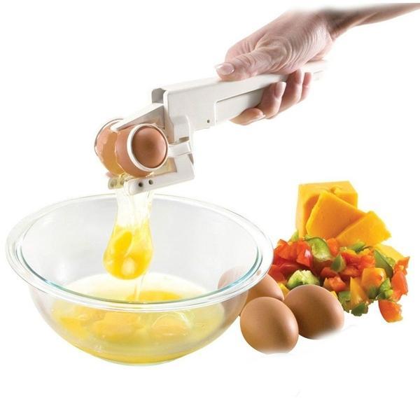 Handheld egg separator and cracker.