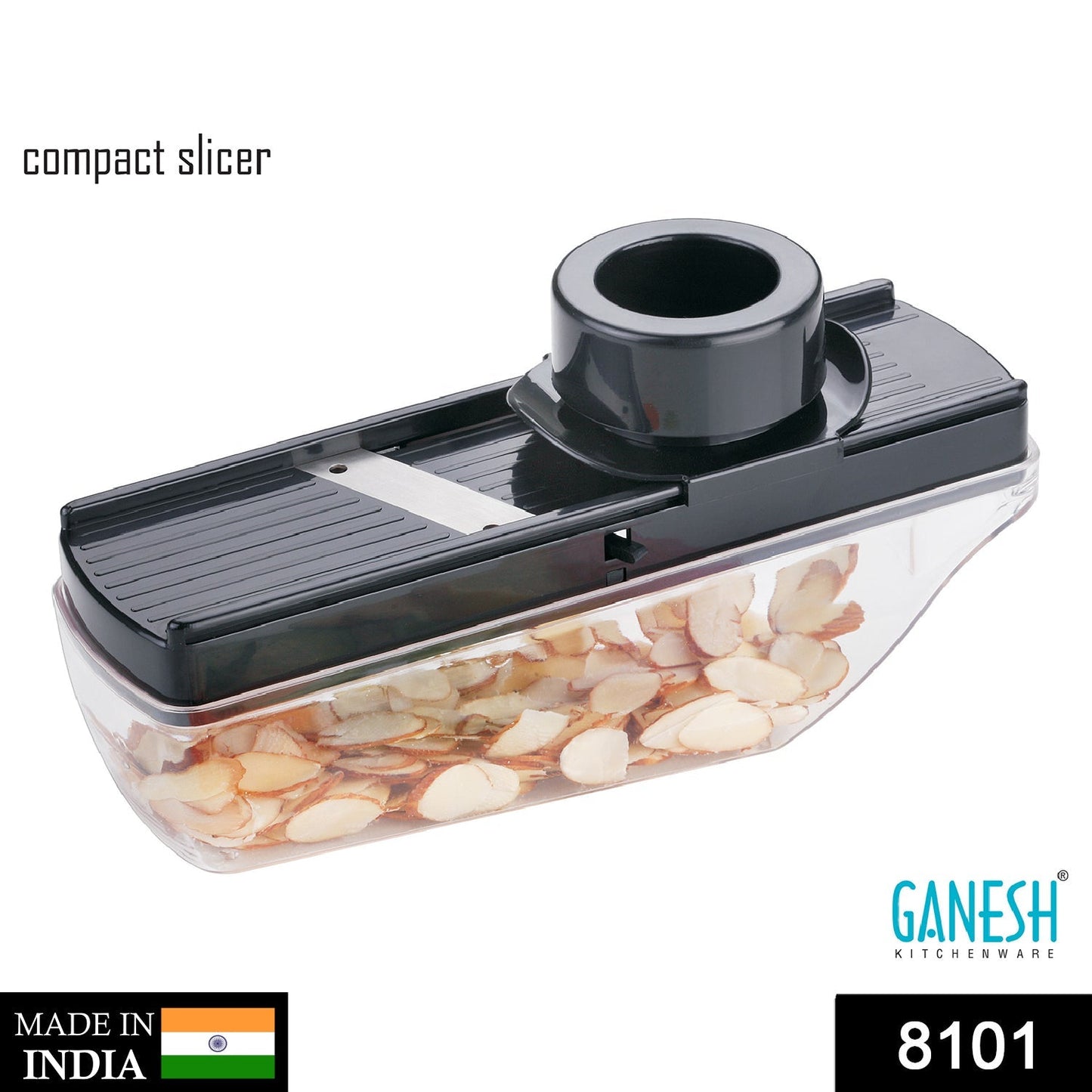 Black plastic vegetable slicer cutter by Ganesh, various perspectives.