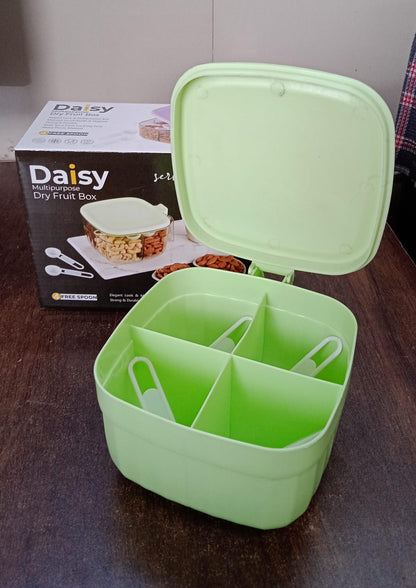 Fancy masala box featuring four compartments for organized kitchen storage.