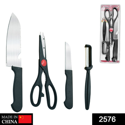 Set of stainless kitchen tools with butcher knife, knife, peeler, and scissors