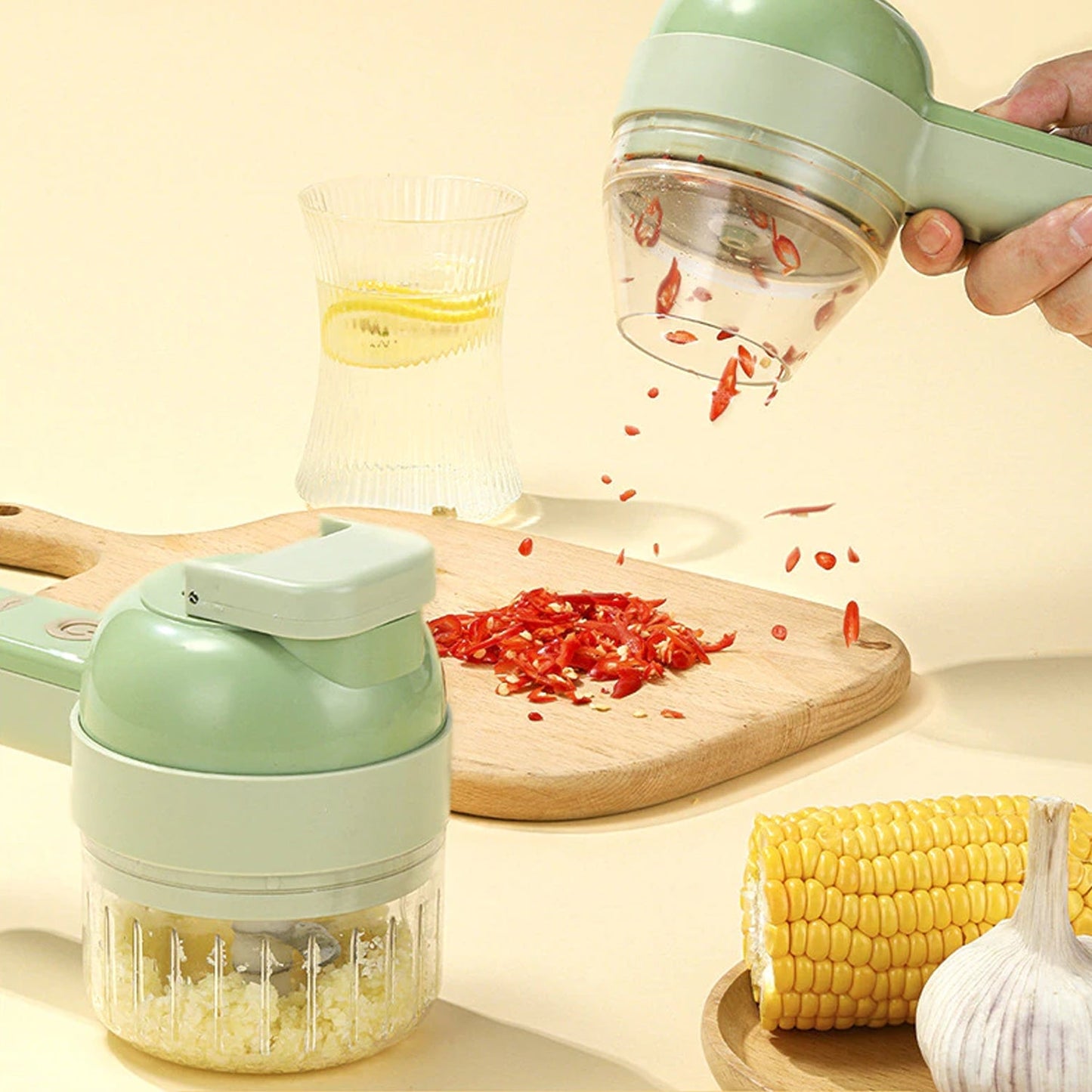 Wireless electric garlic masher for kitchen use.