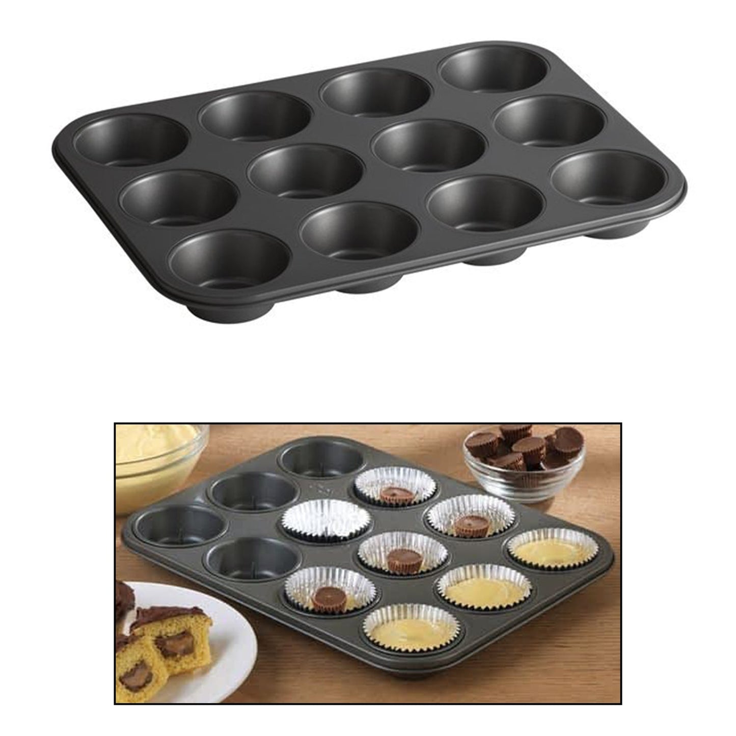 Aluminium muffin tray with 12 cup cavities, nonstick surface for easy release and even baking