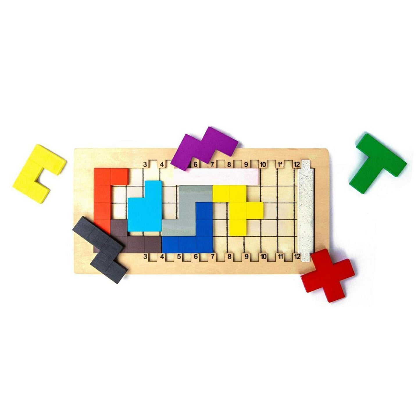 Detailed view of wooden mind game showing its design and game pieces.