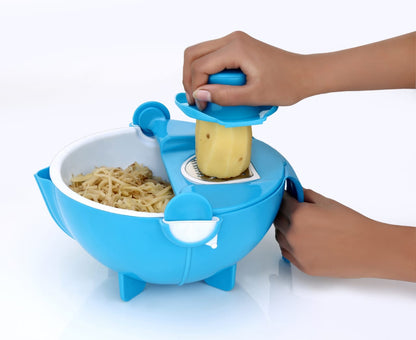 Vegetable cutter with rotating drain basket and slicer options.