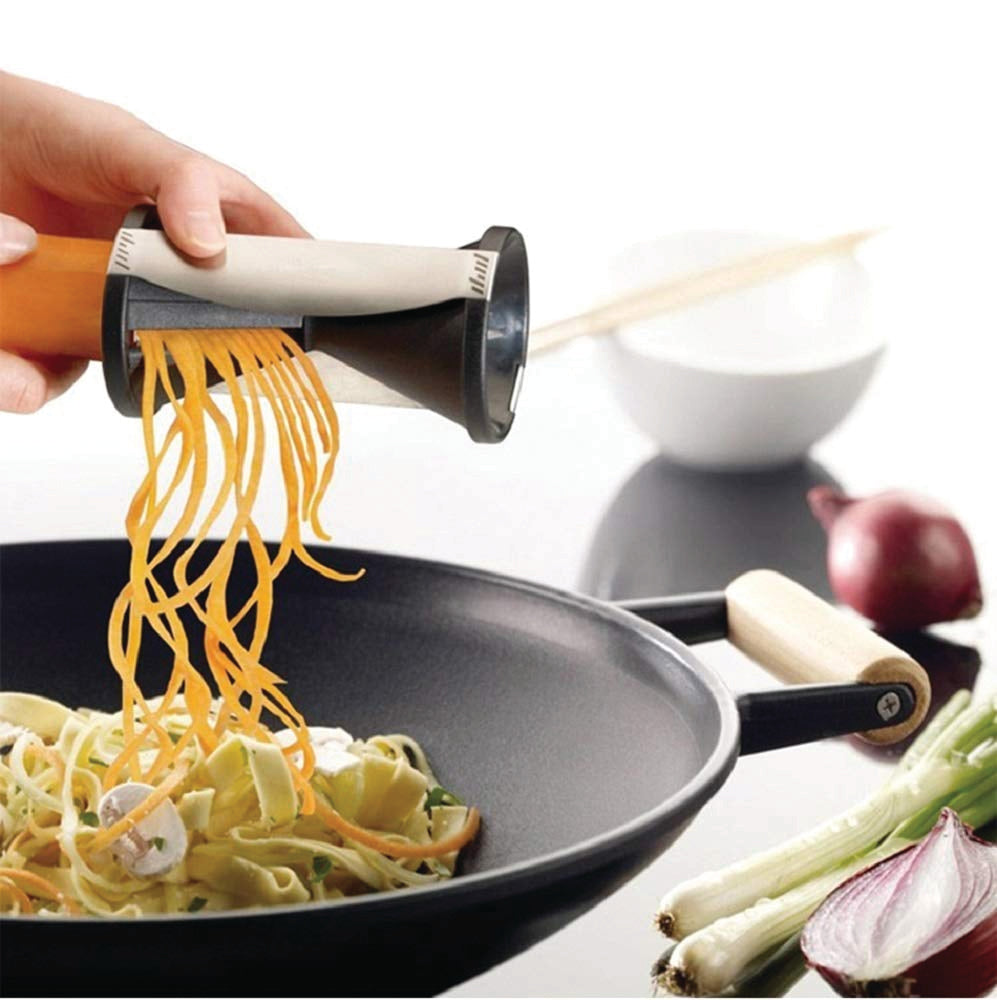 Spiralizer vegetable cutter with spiral blades for grating and slicing.