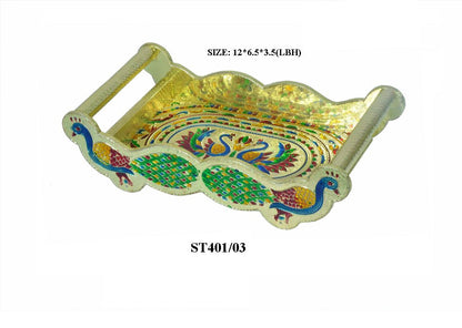 Handicraft glass tray with peacock design and handle