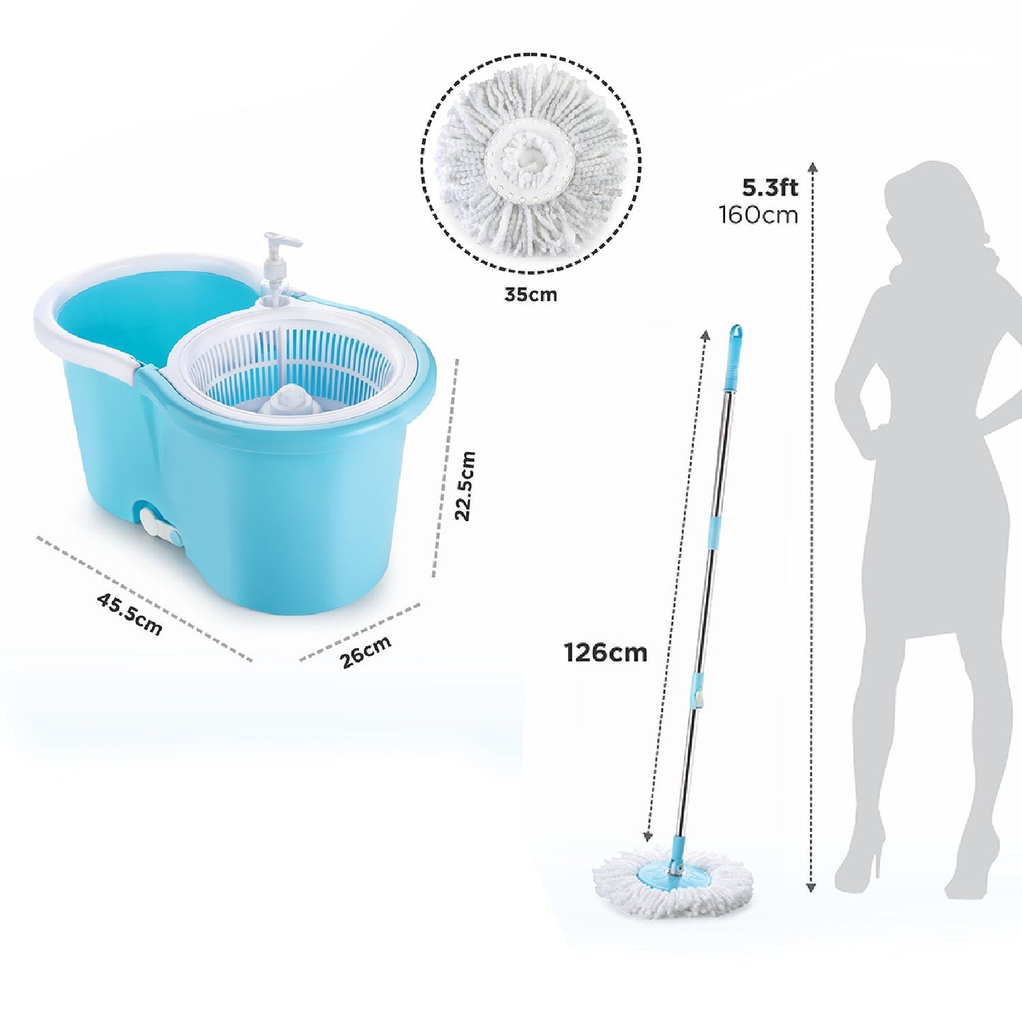 Mop bucket set with 360-degree spin and 2 absorbers, plastic, various views.