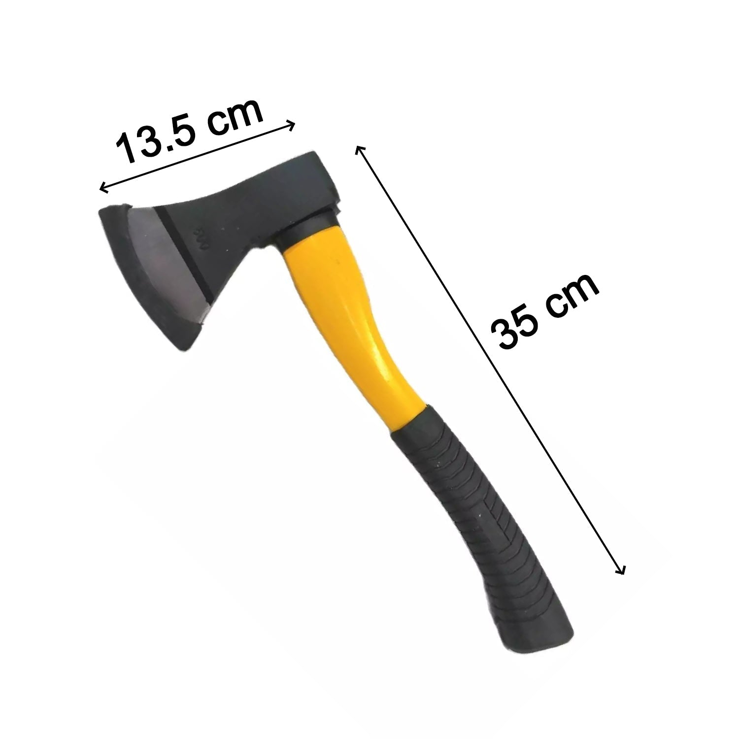 Detailed view of the wood cutting axe, highlighting its fiberglass construction and rubber handle