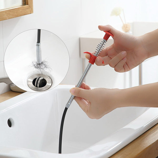 Sturdy metal wire brush with a hook for easy cleaning of kitchen sinks and clogged drains.