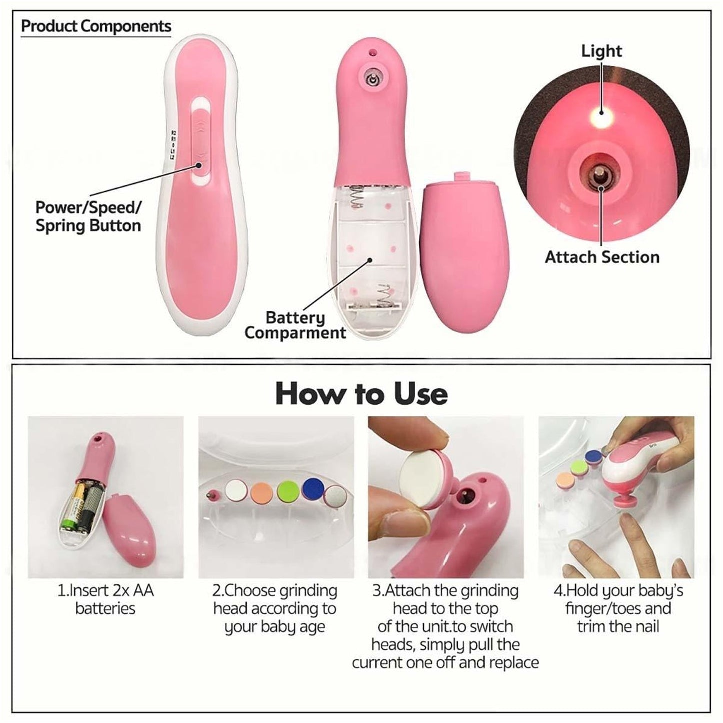 Baby nail trimmer with multiple grinding heads