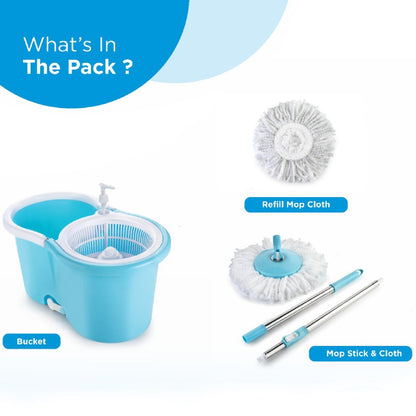 Spinner bucket mop with 360-degree wringing and 2 absorbers, plastic, shown from different angles.