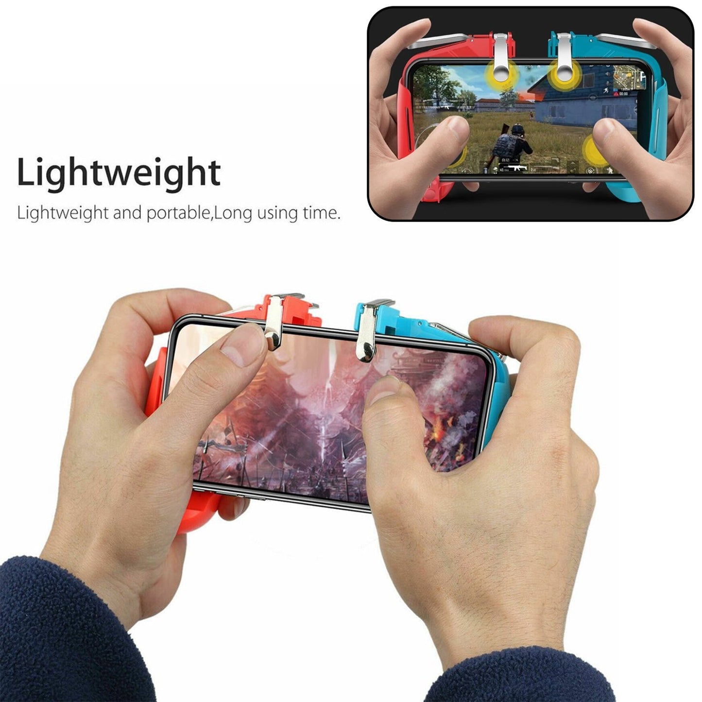 Mobile phone gamepad with joystick and triggers, showing its use for enhanced gaming performance