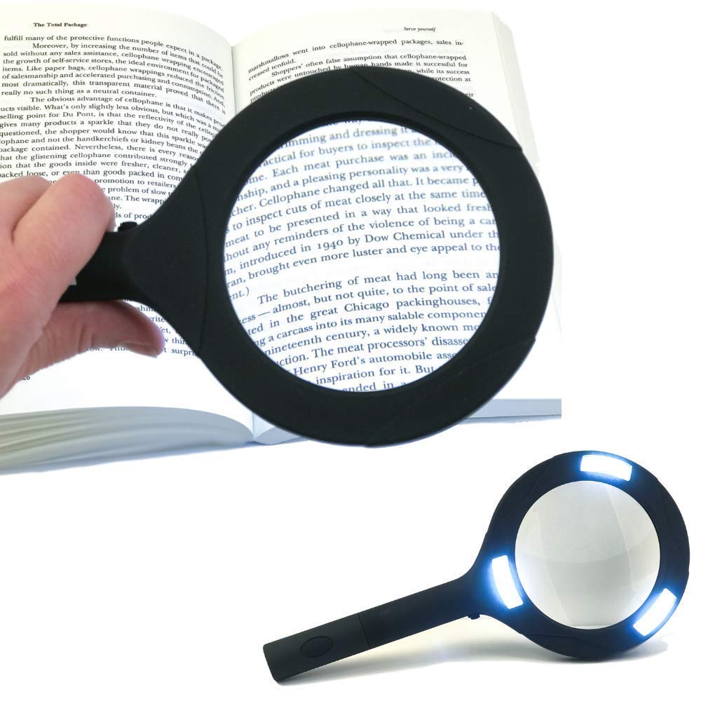 Magnifying glass featuring LED lights and rubberized grip.