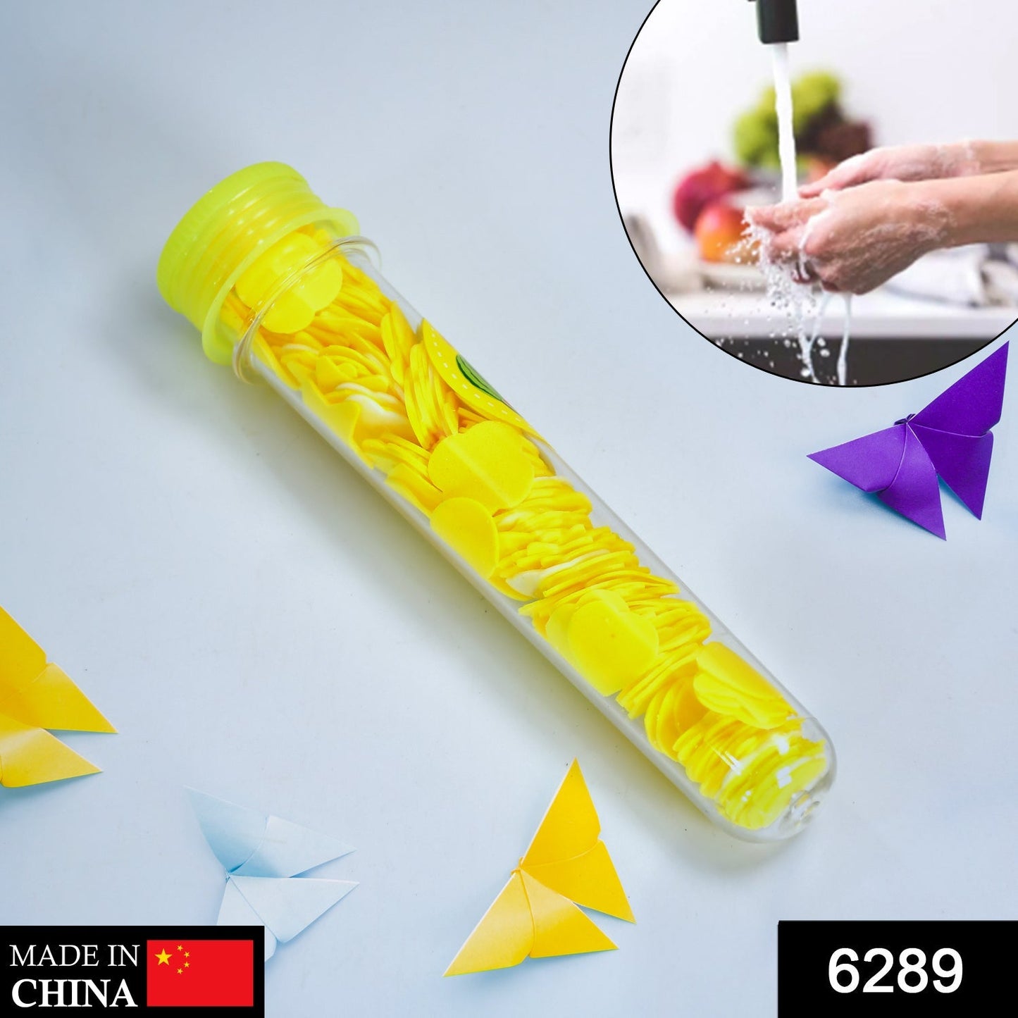 Paper soap strips in a test tube bottle, flower shape for convenient hand washing