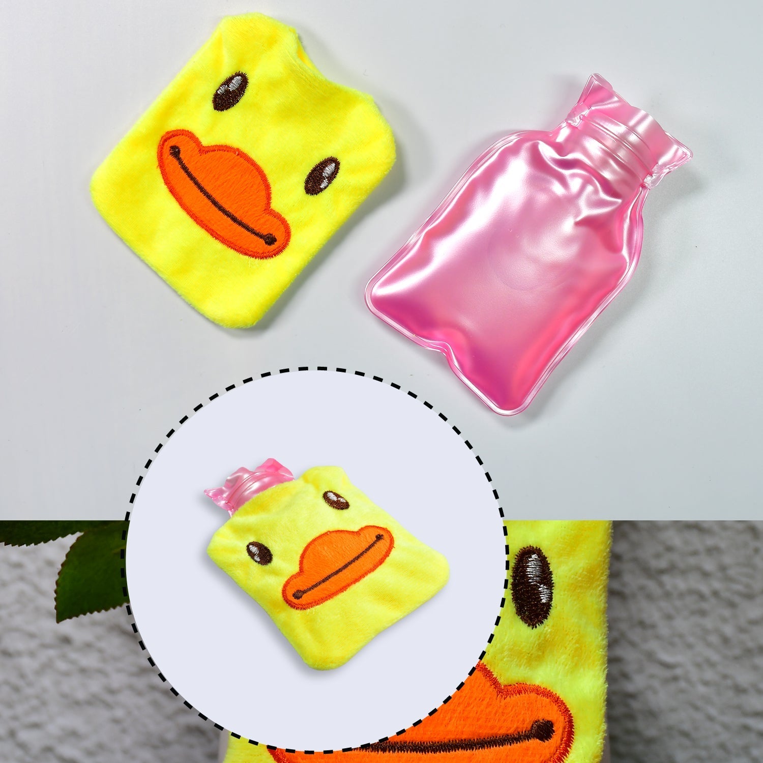 Small hot water bag with yellow duck design, ideal for pain relief