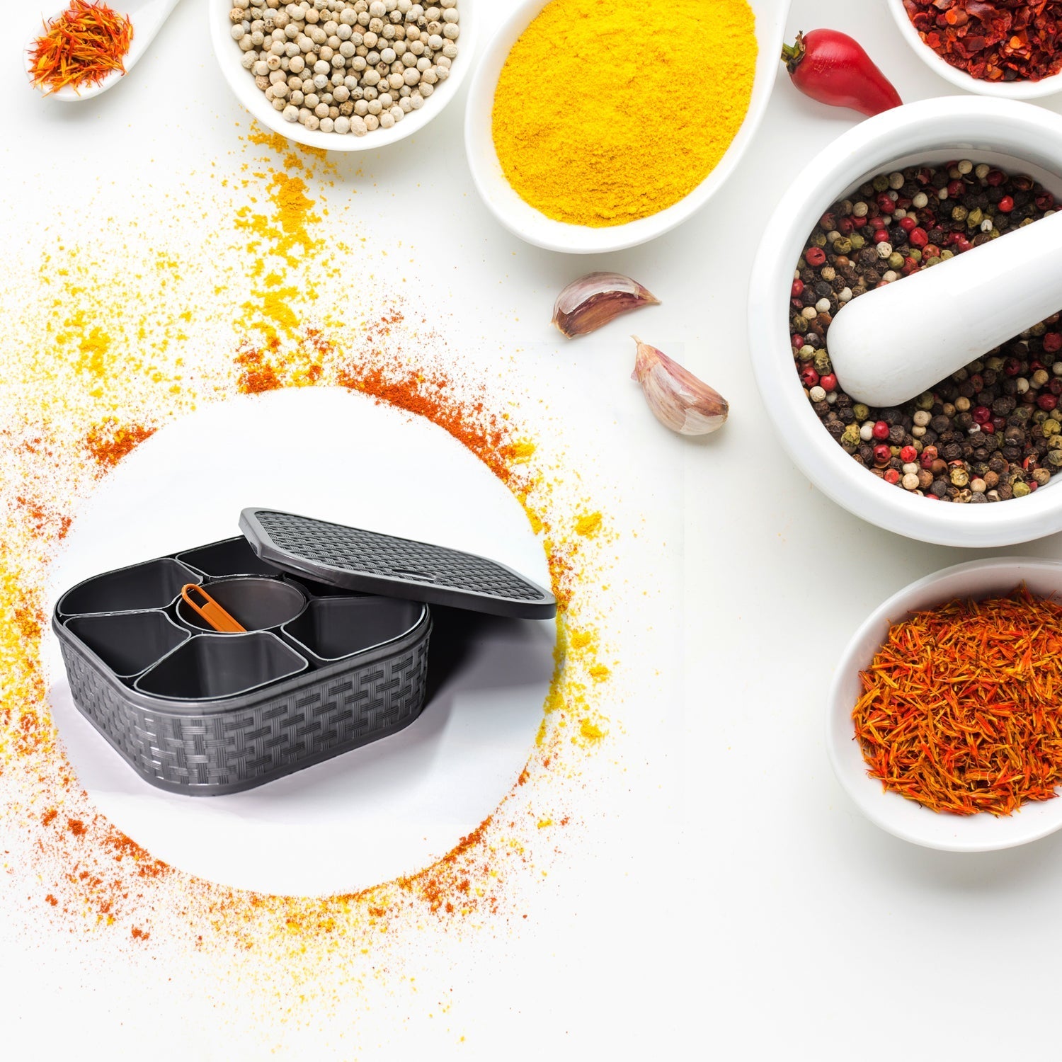 Multi-color spice box with 7 sections, plastic and wooden style