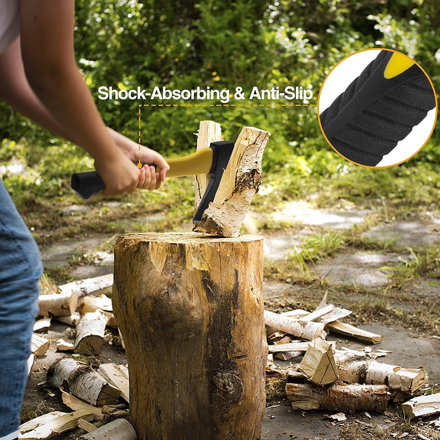 the wood cutting axe with a rubberized handle and fiberglass body