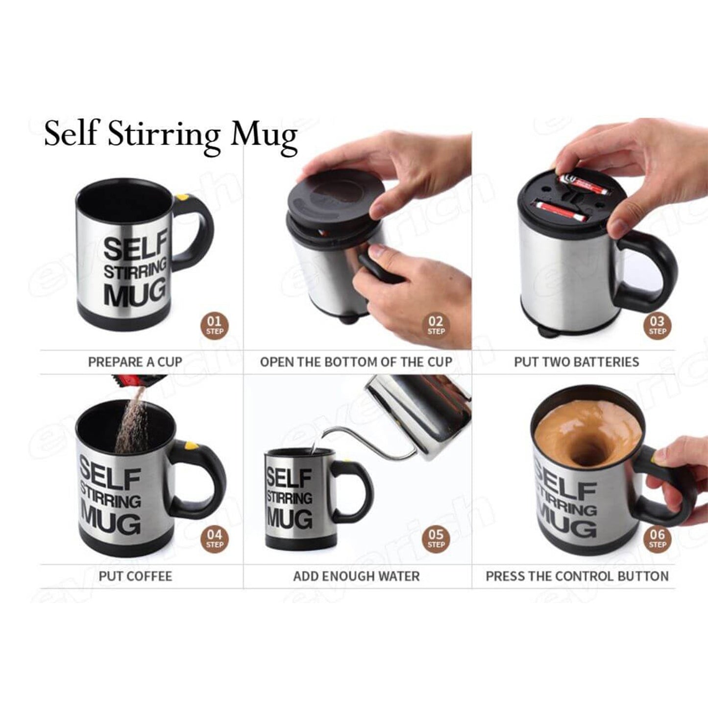 Practical self-stirring mug for mixing coffee and beverages without manual effort.