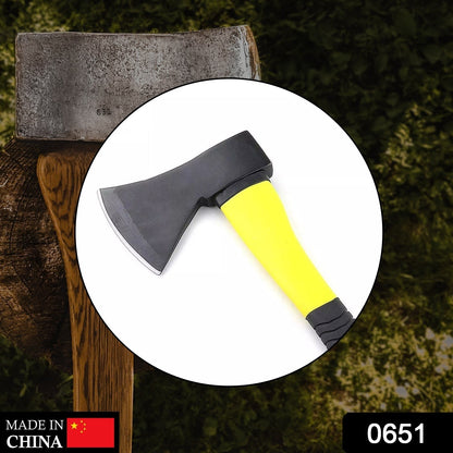 Rubberized handle wood cutting axe with a fiberglass body, showing detailed construction