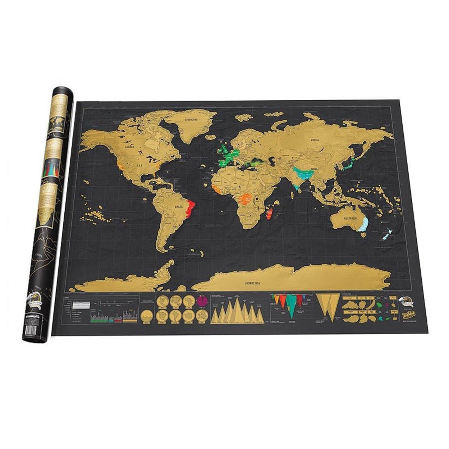 Colorful scratch-off world map for tracking travel.