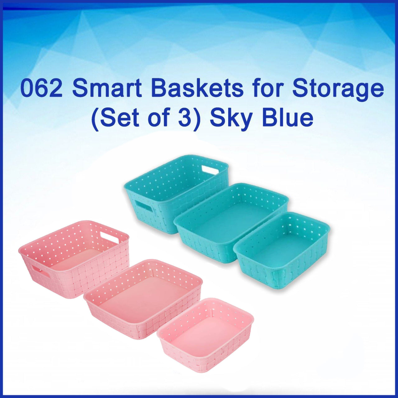 Set of 3 storage baskets in sky blue color.