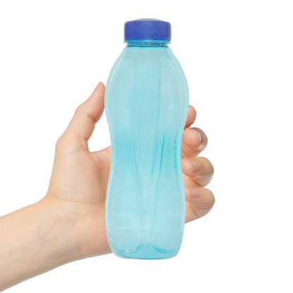 Plastic water bottle with a simple, clear design.