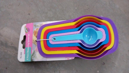 6-pack plastic measuring spoons, essential for kitchen tasks.