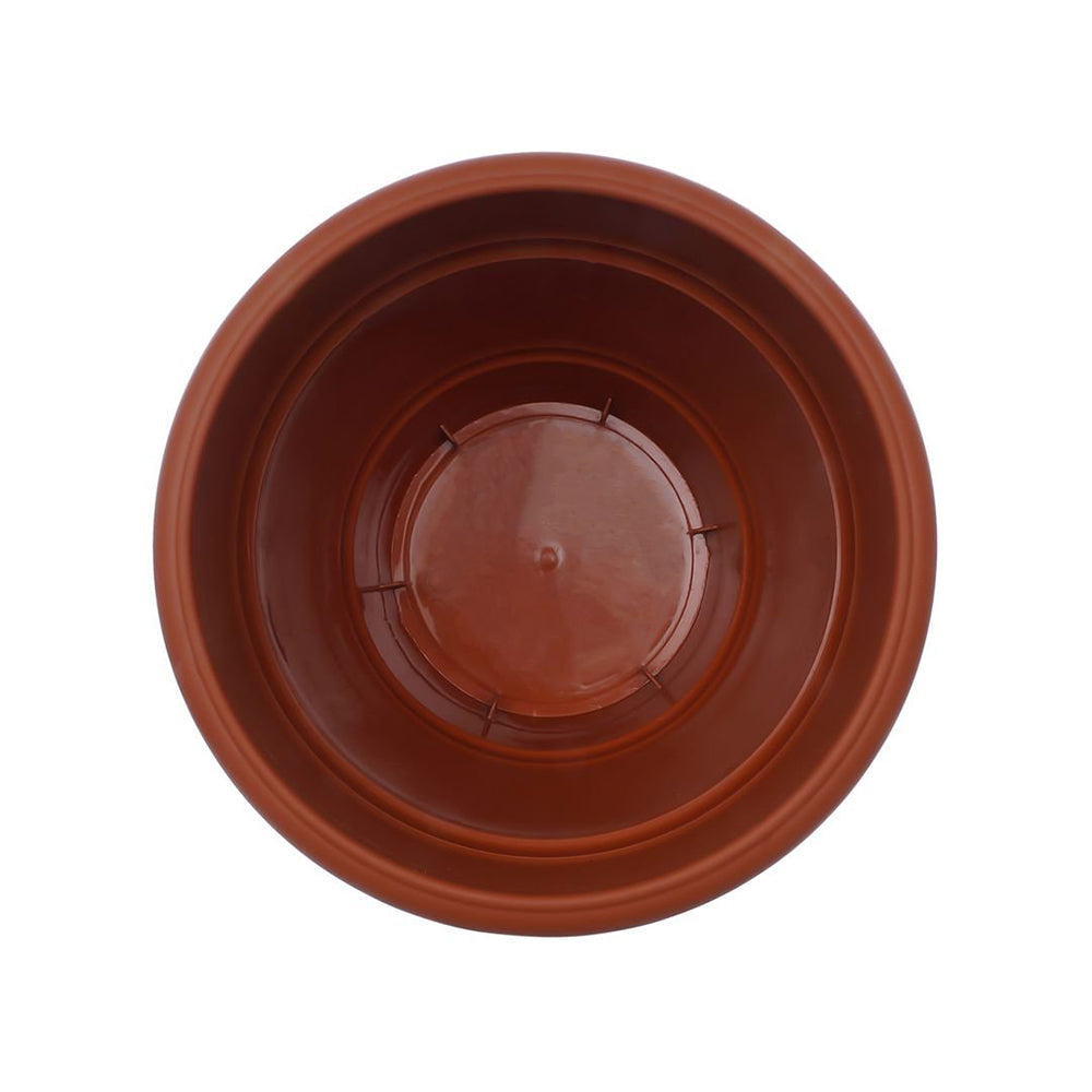 Side view of 8-inch brown plastic garden pot